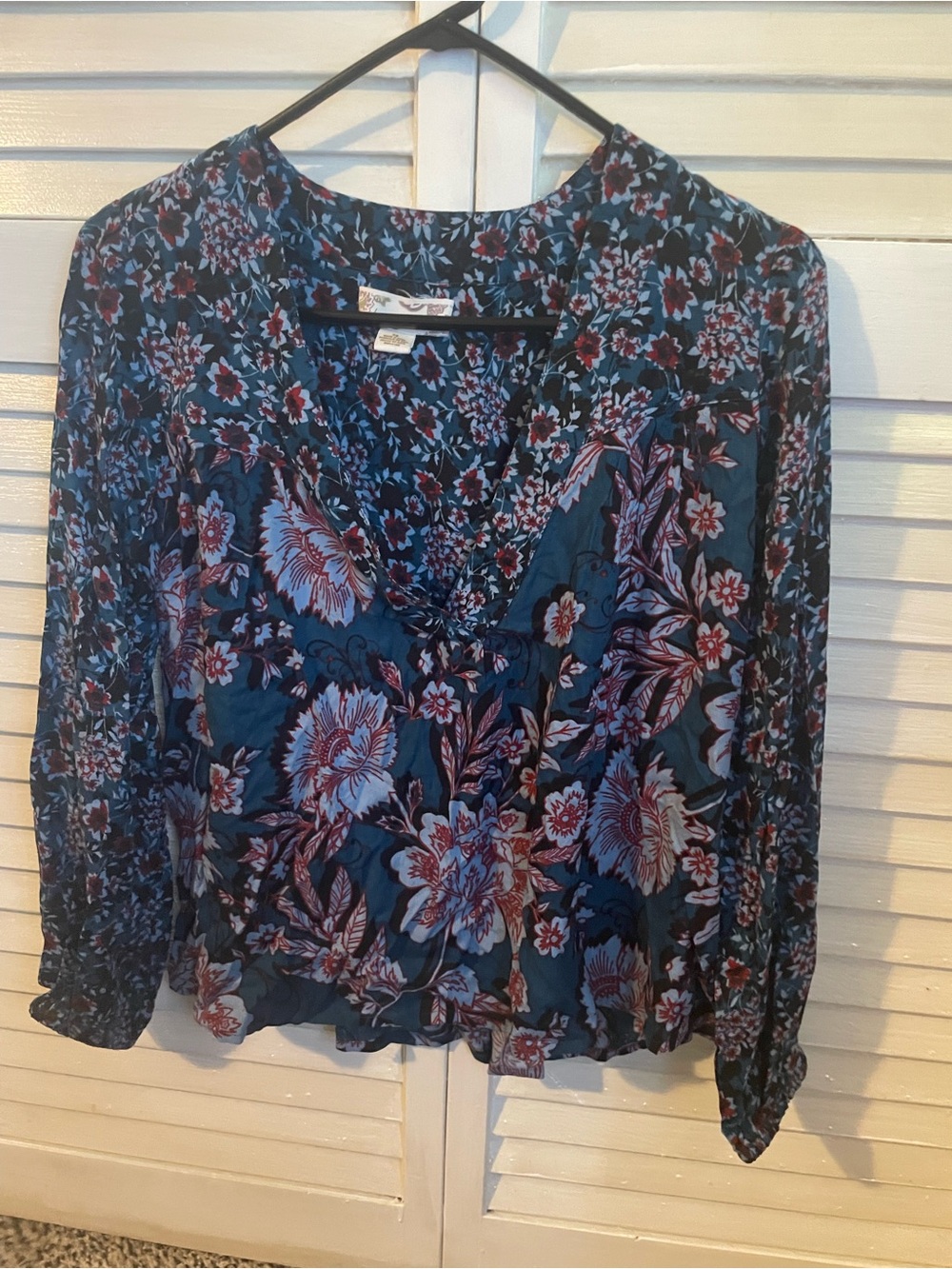 Women's Floral V-Neck Blouse in Teal and Navy